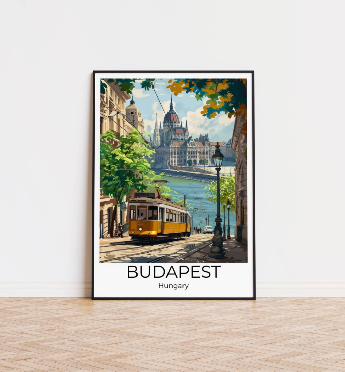 Budapest Hungary Yellow Tram Parliament Riverside Scene Poster - Image 3