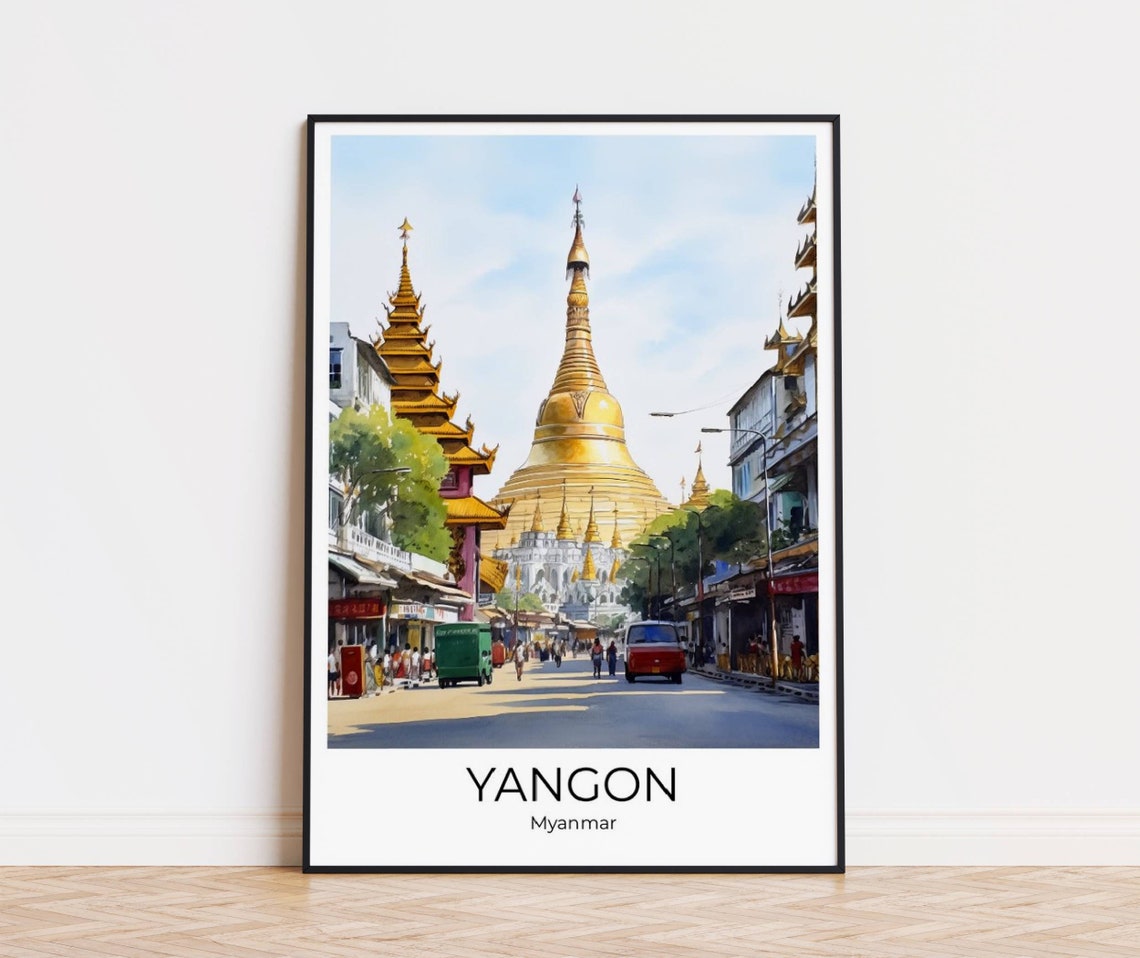 Yangon Golden Sule Pagoda Street Scene Myanmar Travel Poster