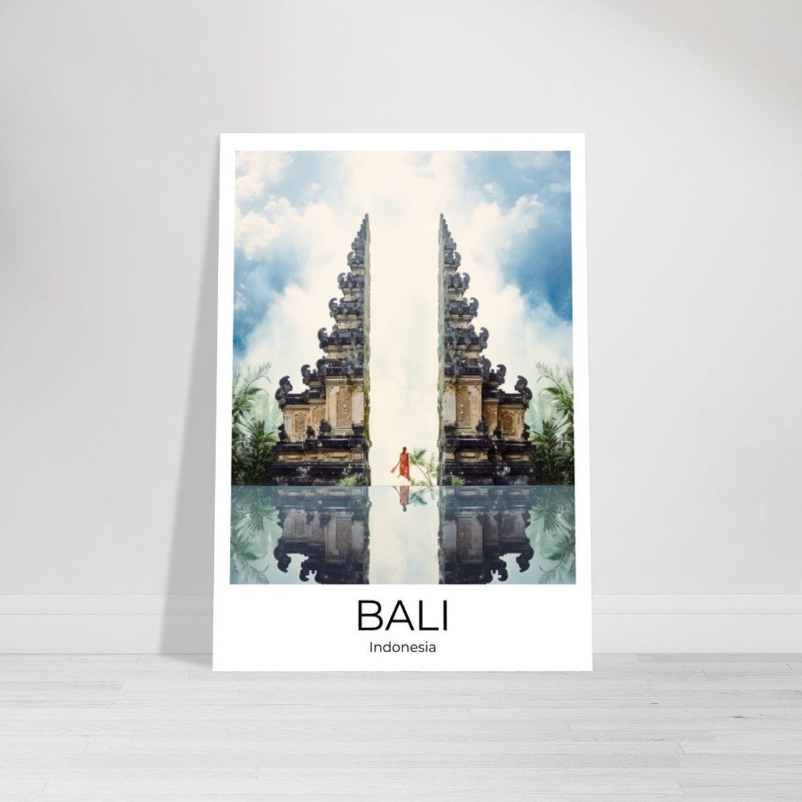 Bali Indonesia Temple Gate Reflection Watercolor Travel Poster - Image 2
