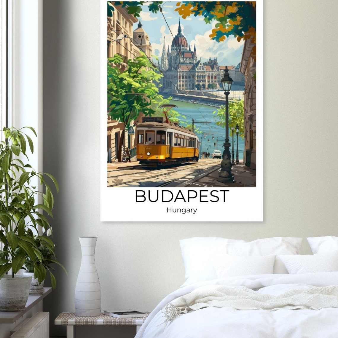 Budapest Hungary Yellow Tram Parliament Riverside Scene Poster - Image 2