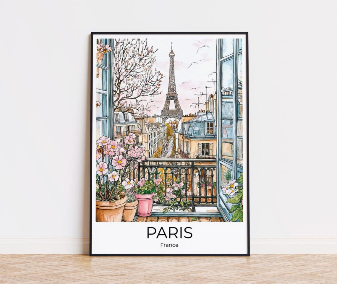 Paris Balcony Blossom Spring Eiffel Tower View Watercolor Poster