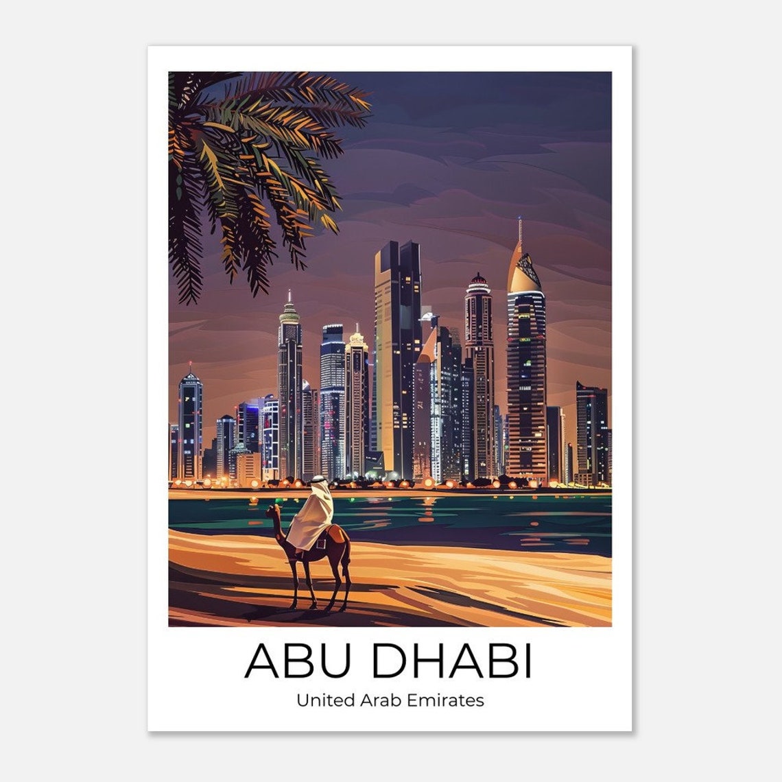 Abu Dhabi Camel Rider on the Beach Sunset Skyline Travel Poster