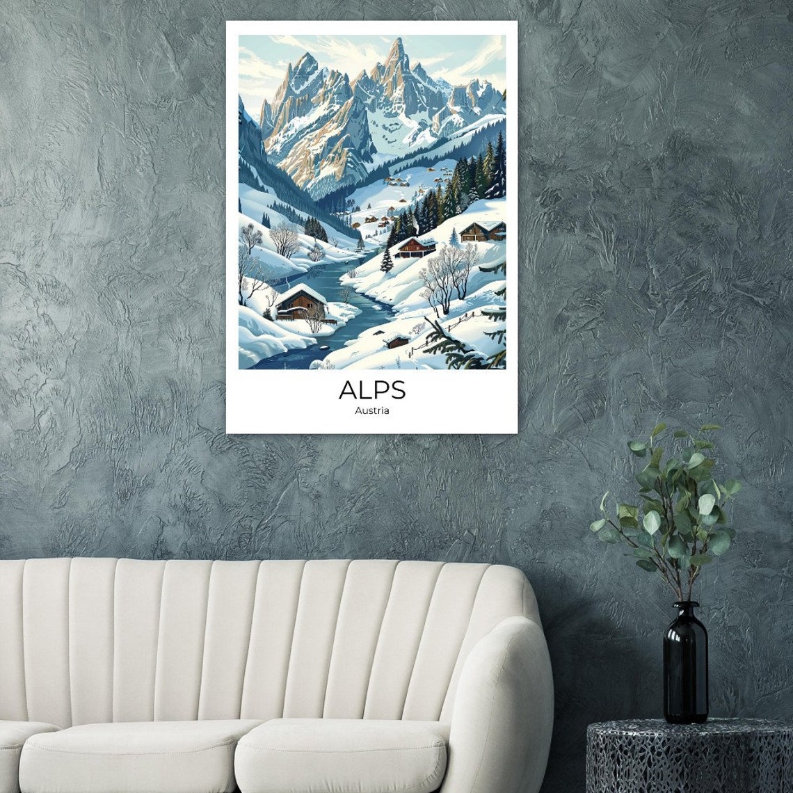 Alps Austria Snowy Alpine Valley Cabins Winter Landscape Travel Poster - Image 2