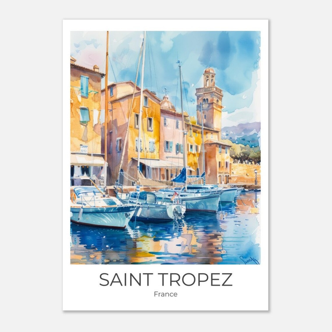 Saint Tropez Harbor Watercolor Sailboats France Travel Poster