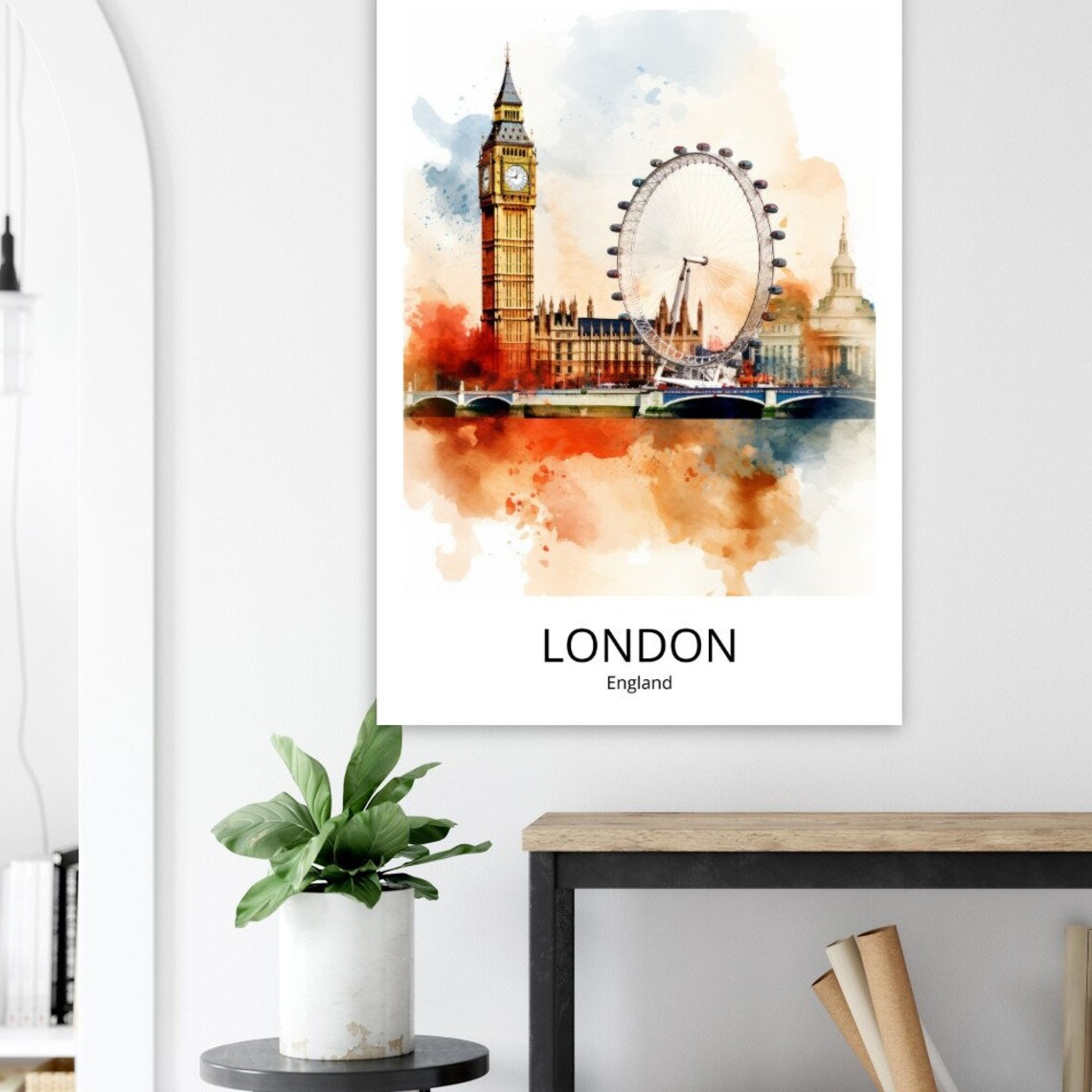 London Big Ben London Eye Parliament Watercolor Skyline Travel Poster - Image 2