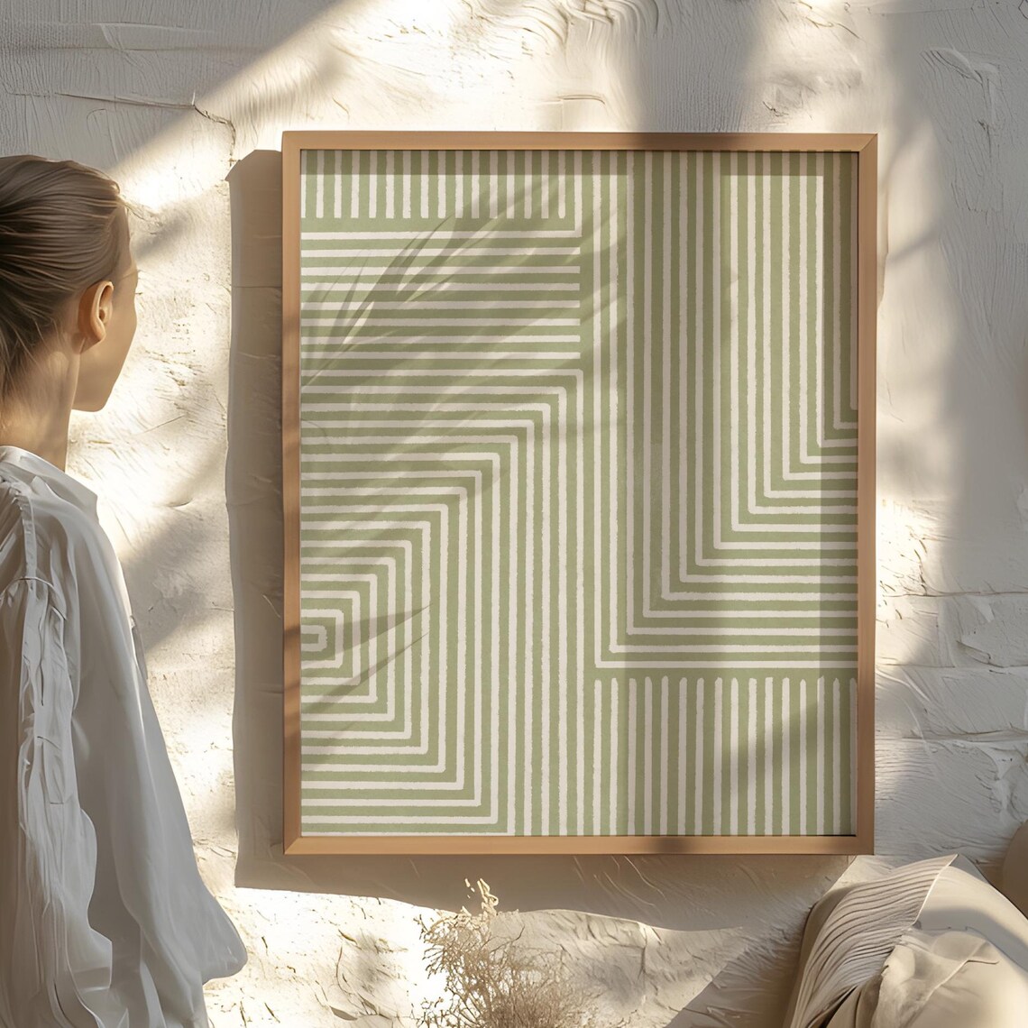 Fine Line Sage Green Line Art, Japandi Abstract Print