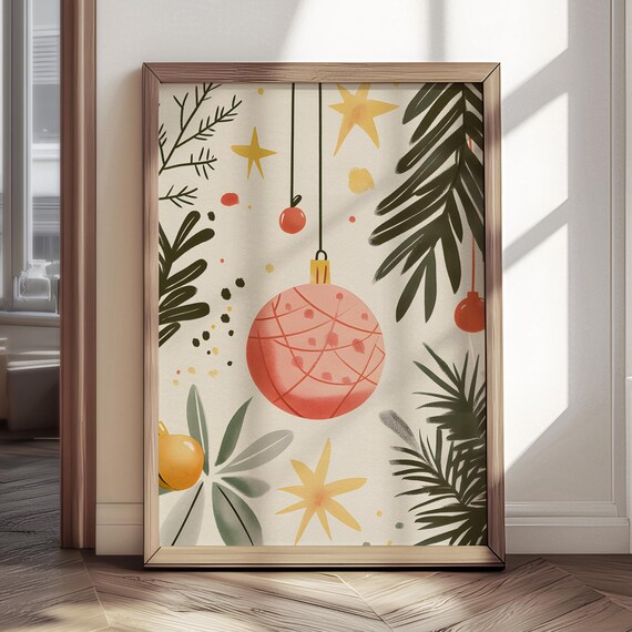 Pink Christmas Bauble Ornament Starry Botanical Holiday Art Print