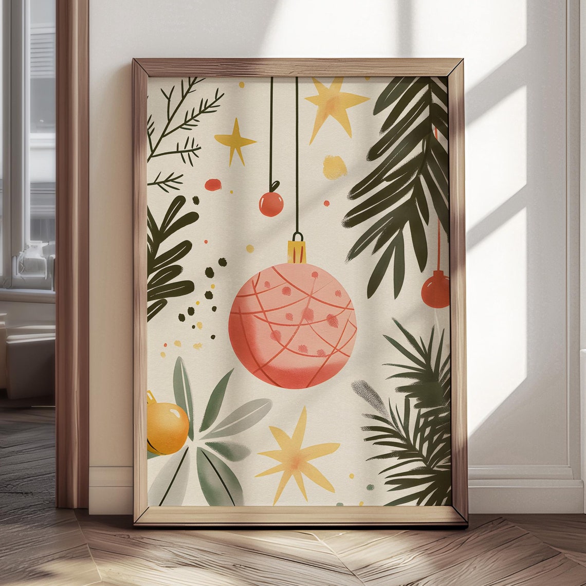 Pink Christmas Bauble Ornament Starry Botanical Holiday Art Print