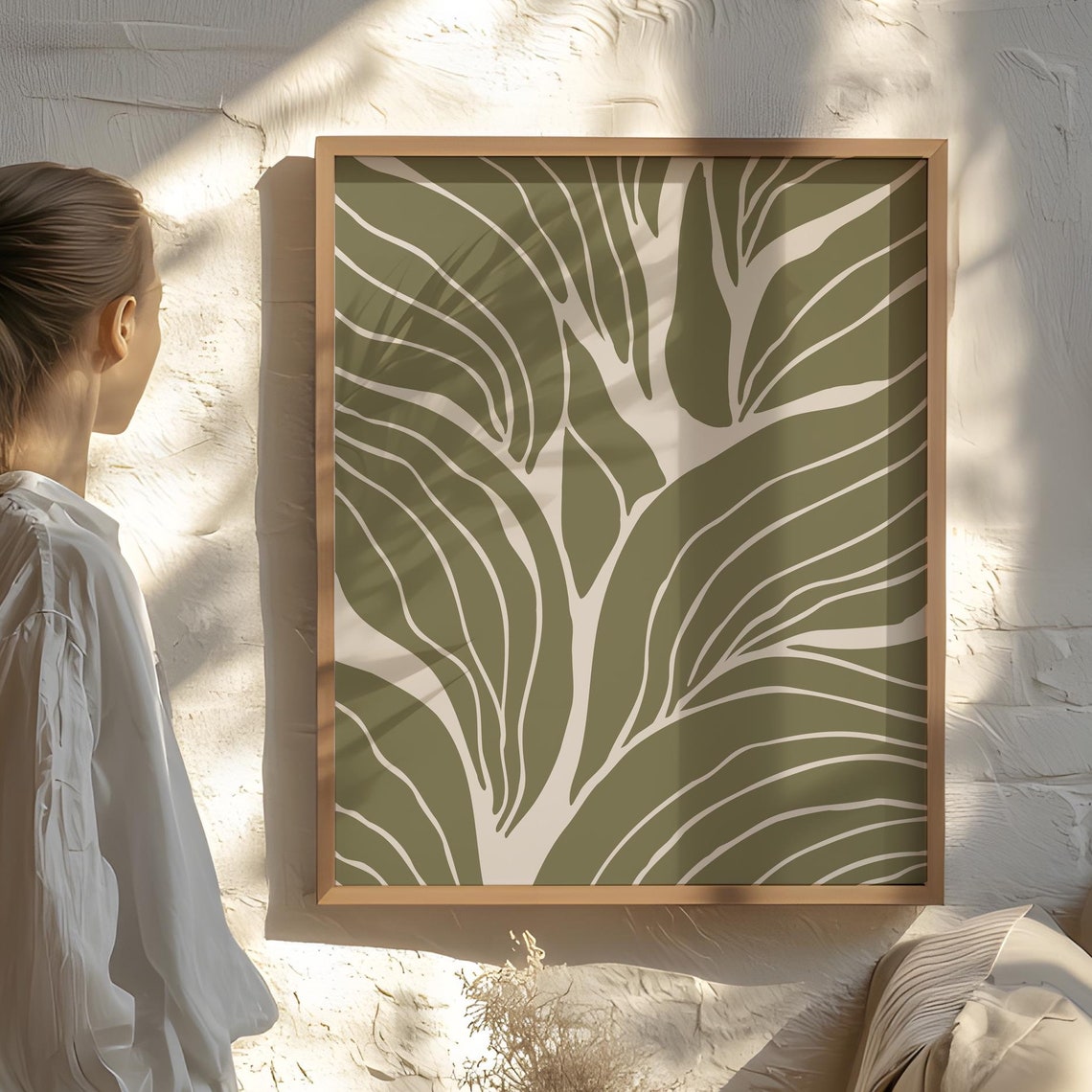 Olive Green Abstract Leaf Fronds Cream Modern Botanical Art Poster