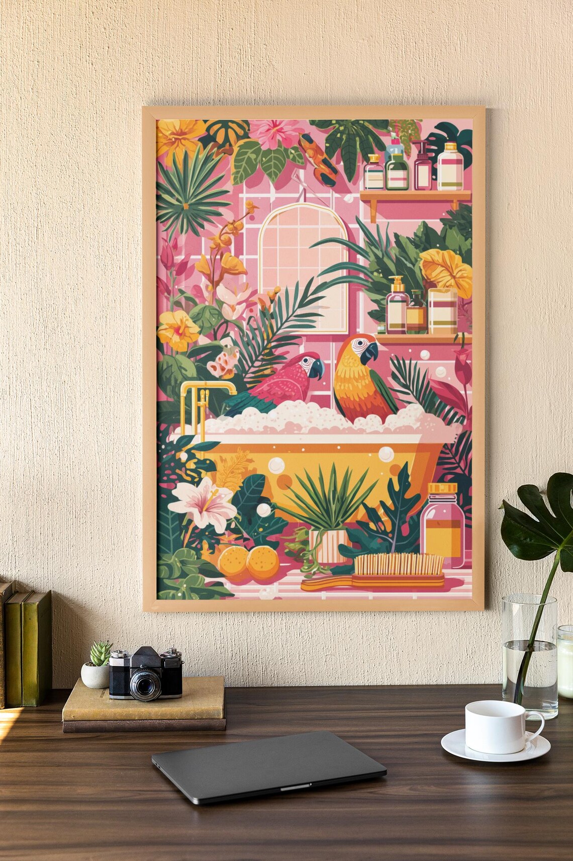 Whimsical Parrot Spa Poster, Pink Jungle Decor