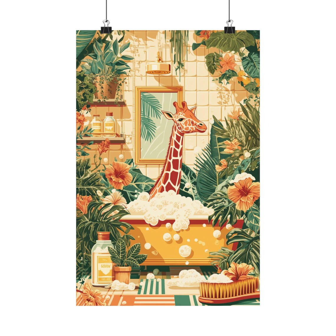 Giraffe Spa Tropical Bubble Bath Illustration, Poster