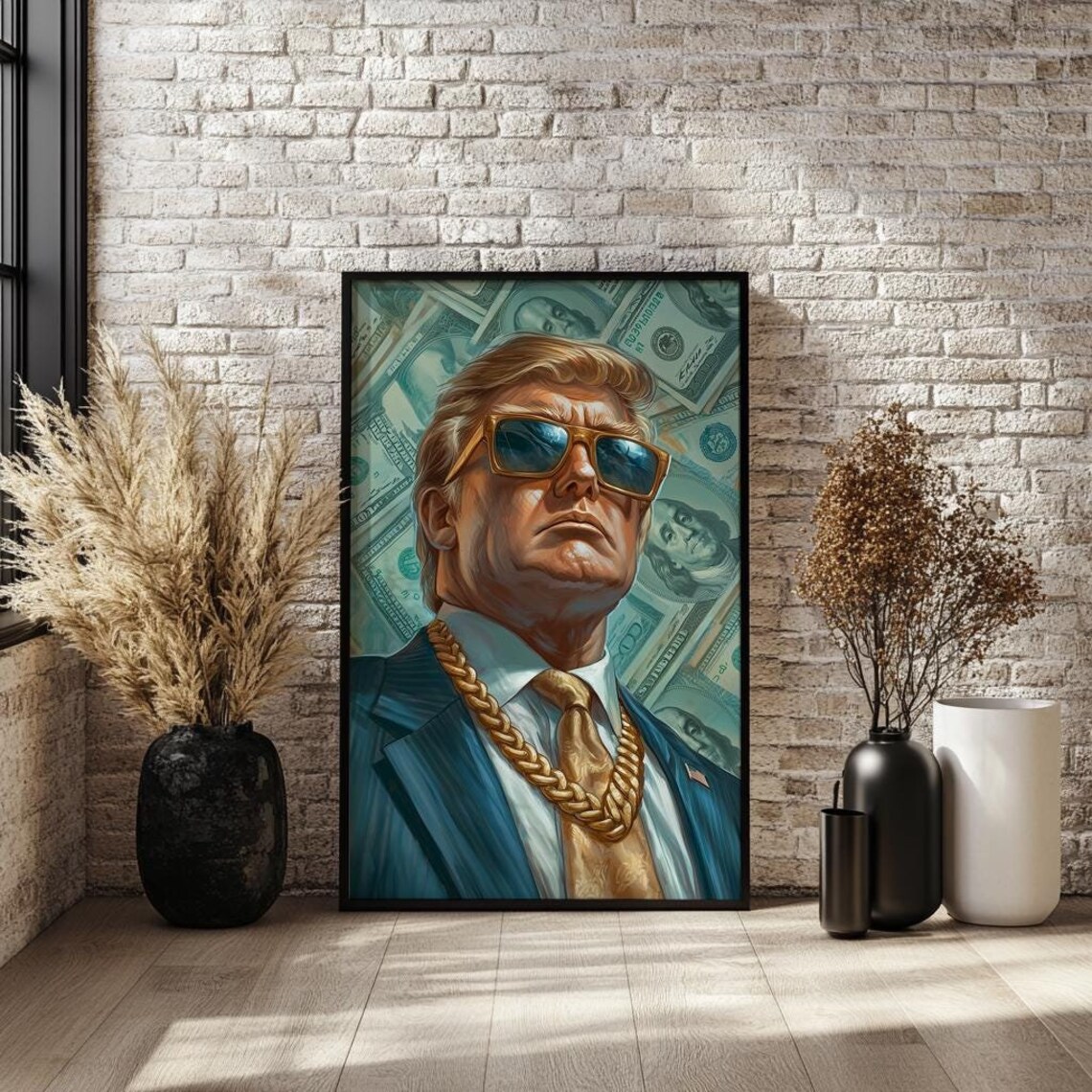 Donald Trump Gold Chain Money Background Bold Luxury Portrait Poster