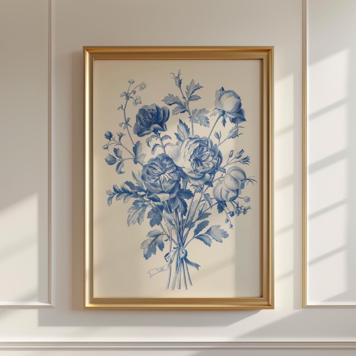 Blue Ink Botanical Peony Bouquet Vintage Engraving Floral Poster