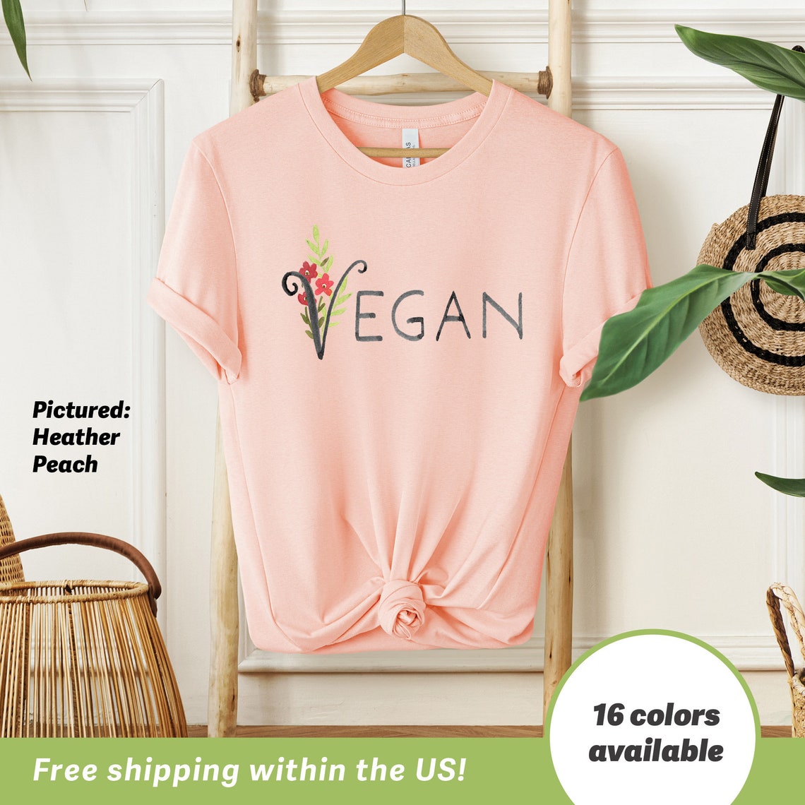 Vegan Floral Lettering Heather Dust Tee with Botanical Print Design - Image 4