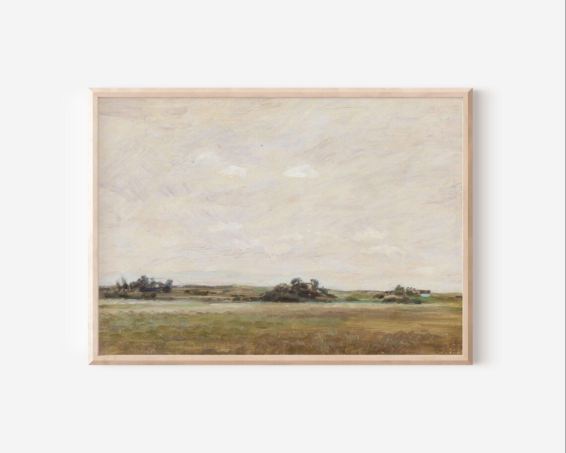 Antique Open Field Landscape Big Pale Sky Vintage Oil Art Poster - Image 3