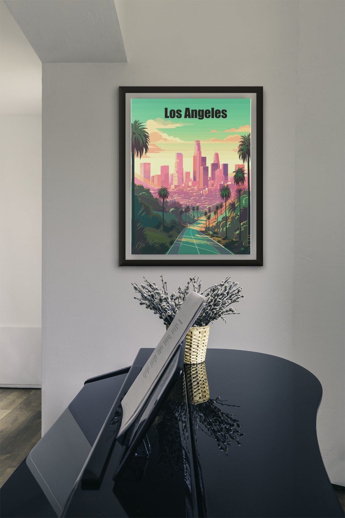 Los Angeles Retro Travel Poster Palm Trees Downtown Skyline Sunset - Image 4