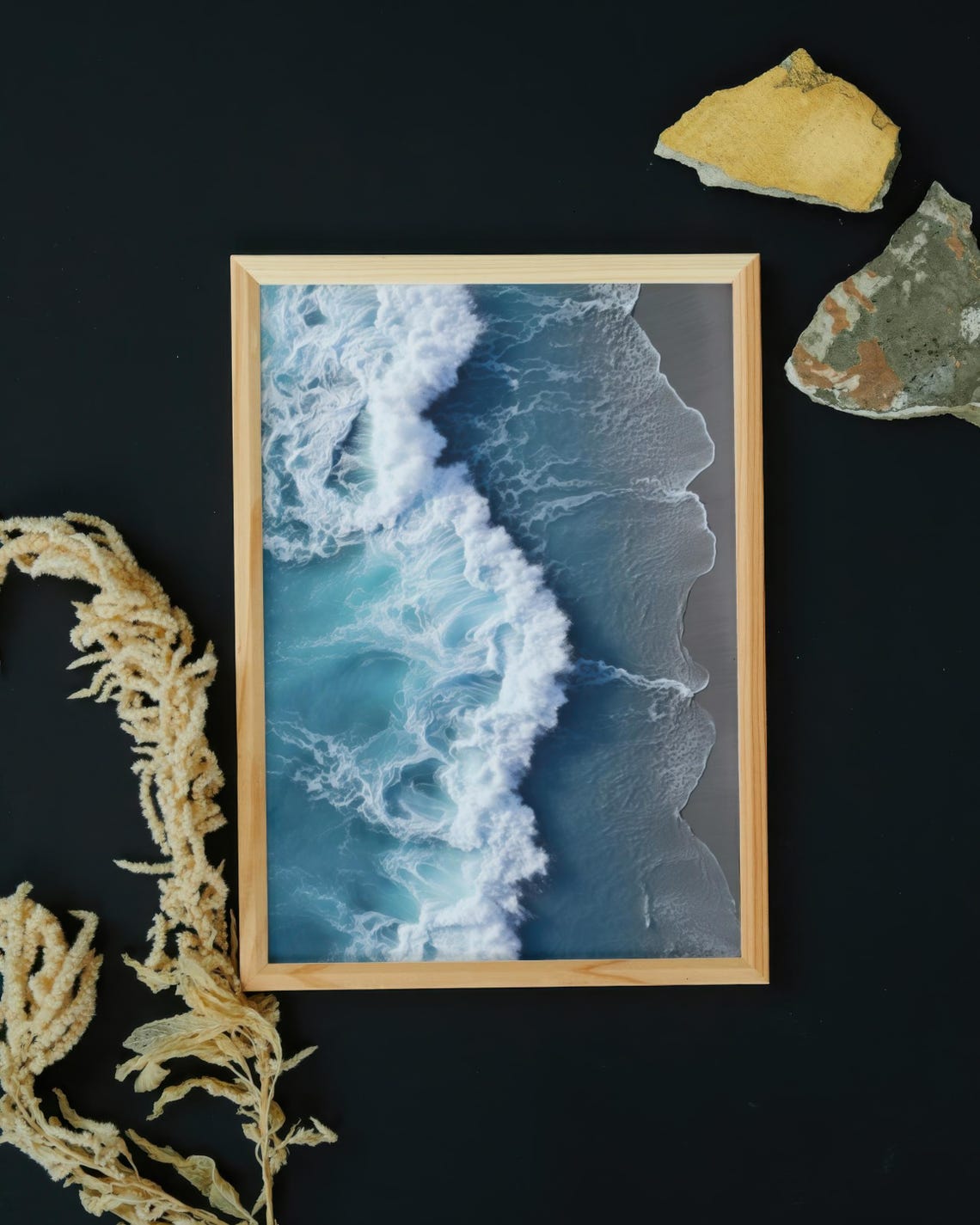 Aerial Ocean Wave Crashing Over Sandy Beach Coastal Blue Wall Poster - Image 5