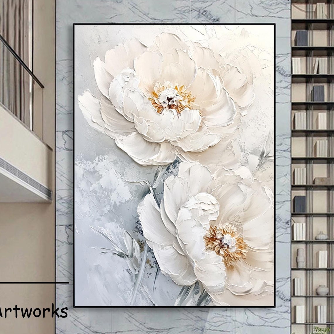 3d Beige White Flower Oil Painting On Original Textured Floral Painting Blooming Floral Wall Art Beige White Knife Flower Painting