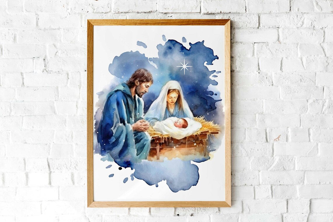 Holy Family Nativity Scene Watercolor Christmas Manger Art Poster