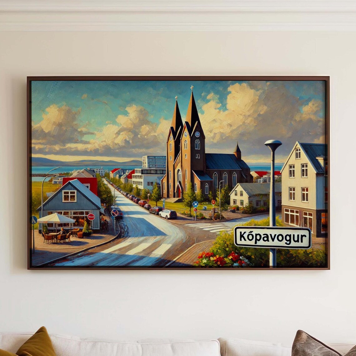 Kopavogur Iceland Church Street Painting Summer Townscape Poster
