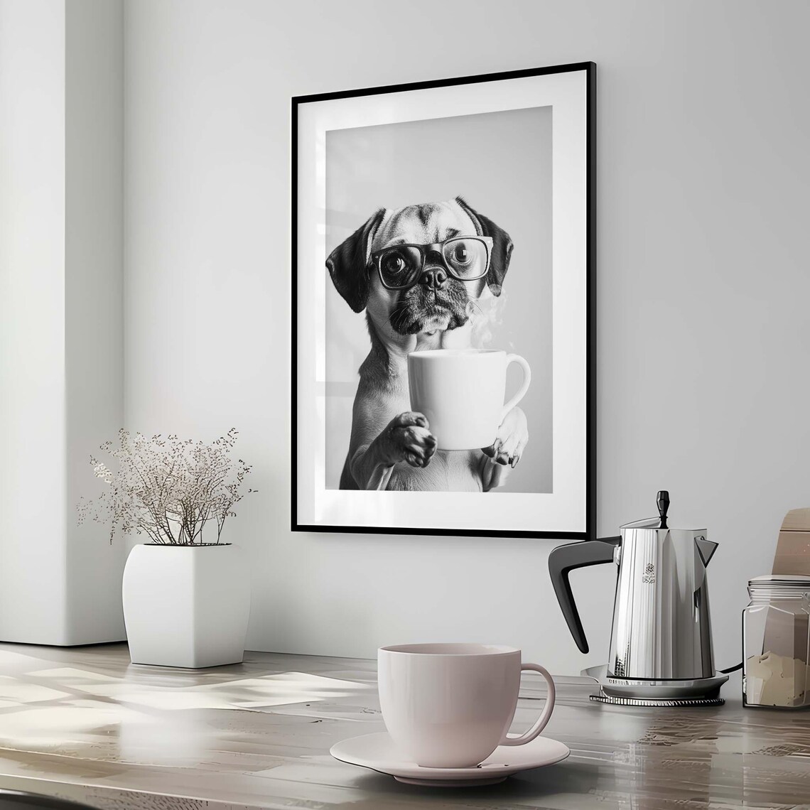 Wrinkled Puggle In Big Eyeglasses Holding A Steaming Coffee Cup Poster - Image 3