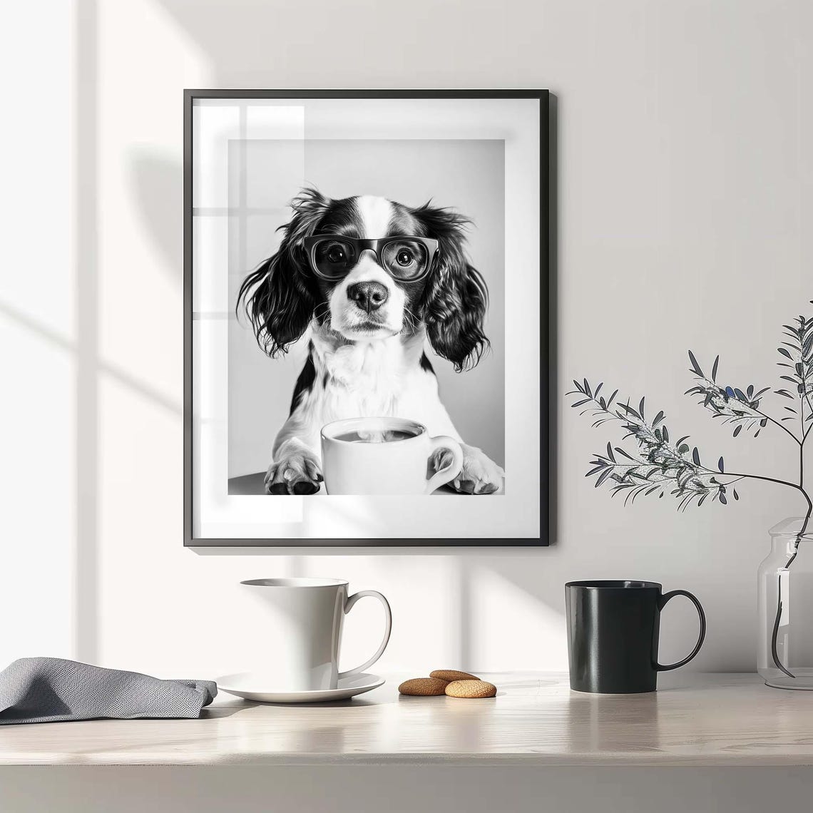 Black And White Springer Spaniel Puppy With Glasses And Coffee Poster - Image 2