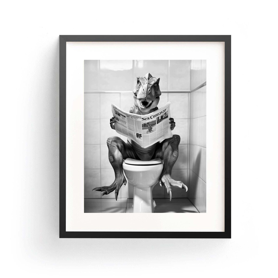 T-Rex Wearing Glasses Reading Newspaper on Toilet Funny Bathroom Poster