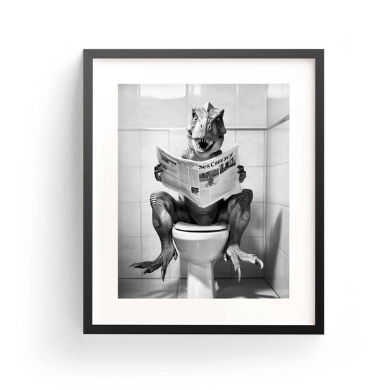 T-Rex Wearing Glasses Reading Newspaper on Toilet Funny Bathroom Poster