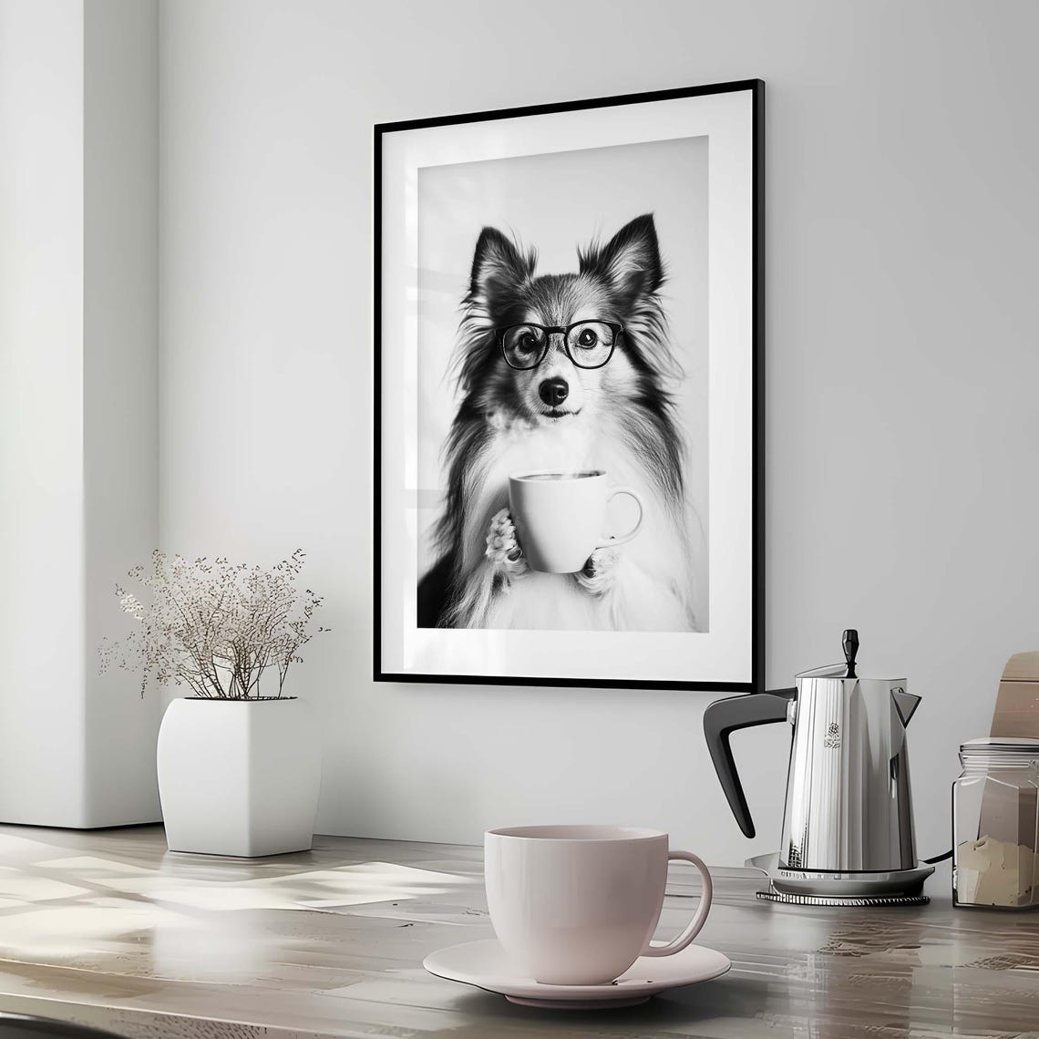 Shetland Sheepdog with Glasses Holding Coffee Cup Funny Kitchen Poster - Image 3