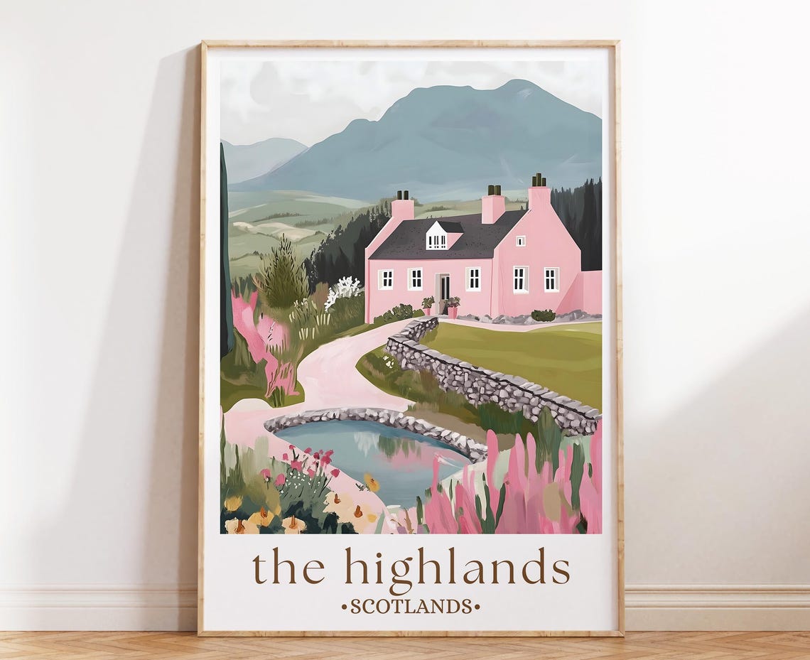 Scottish Highlands Poster Pink Cottage Mountain Pond Floral Meadow