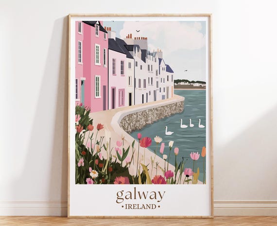 Galway Ireland Illustrated Travel Poster, Coastal Town