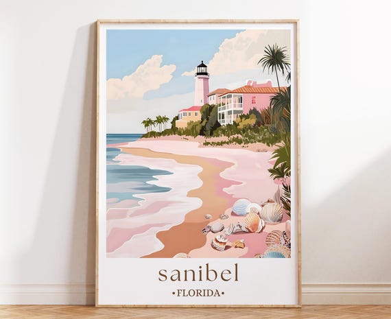 Sanibel Florida Travel Print Seashell Beach Wall Art Gulf Coast Decor Island Poster Coastal Nature Illustration