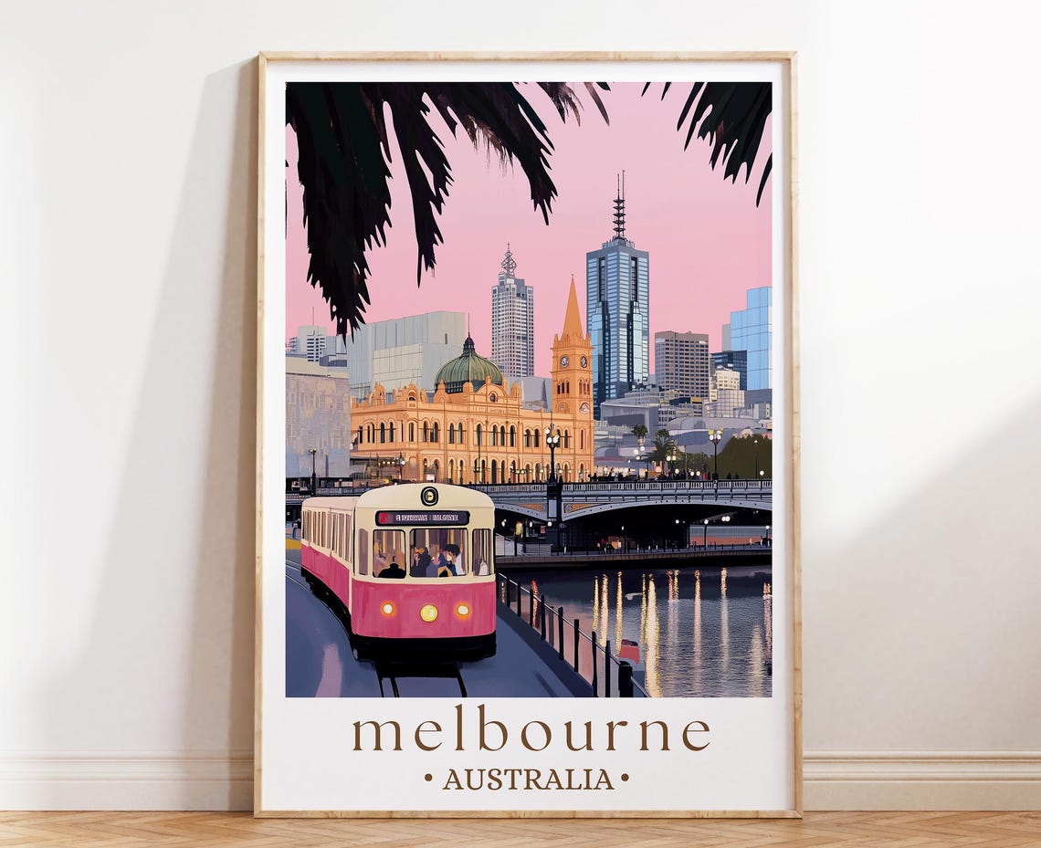 Melbourne Australia Flinders Station Pink Tram City Skyline Poster