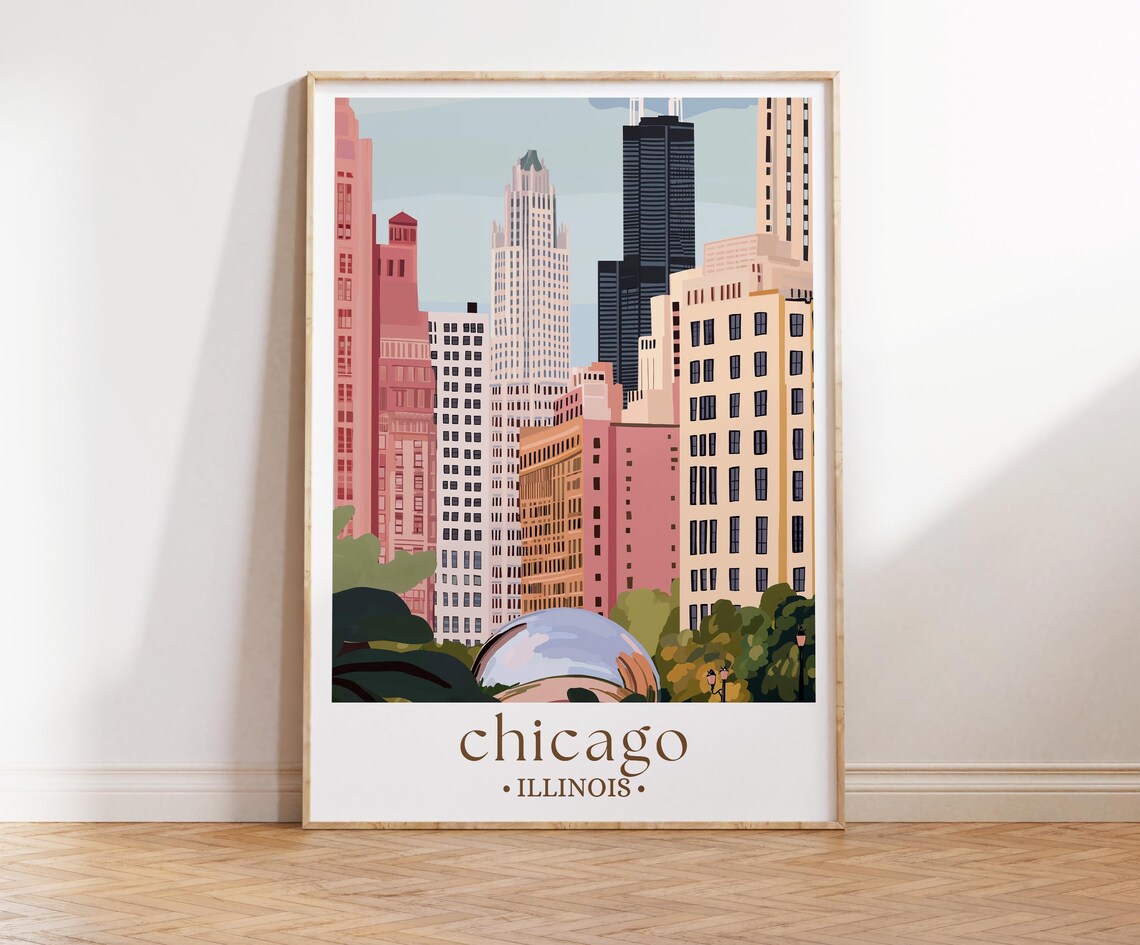 Chicago Skyline Travel Poster, Cityscape Art Print