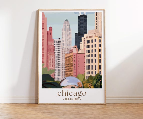 Chicago Skyline Travel Poster, Cityscape Art Print
