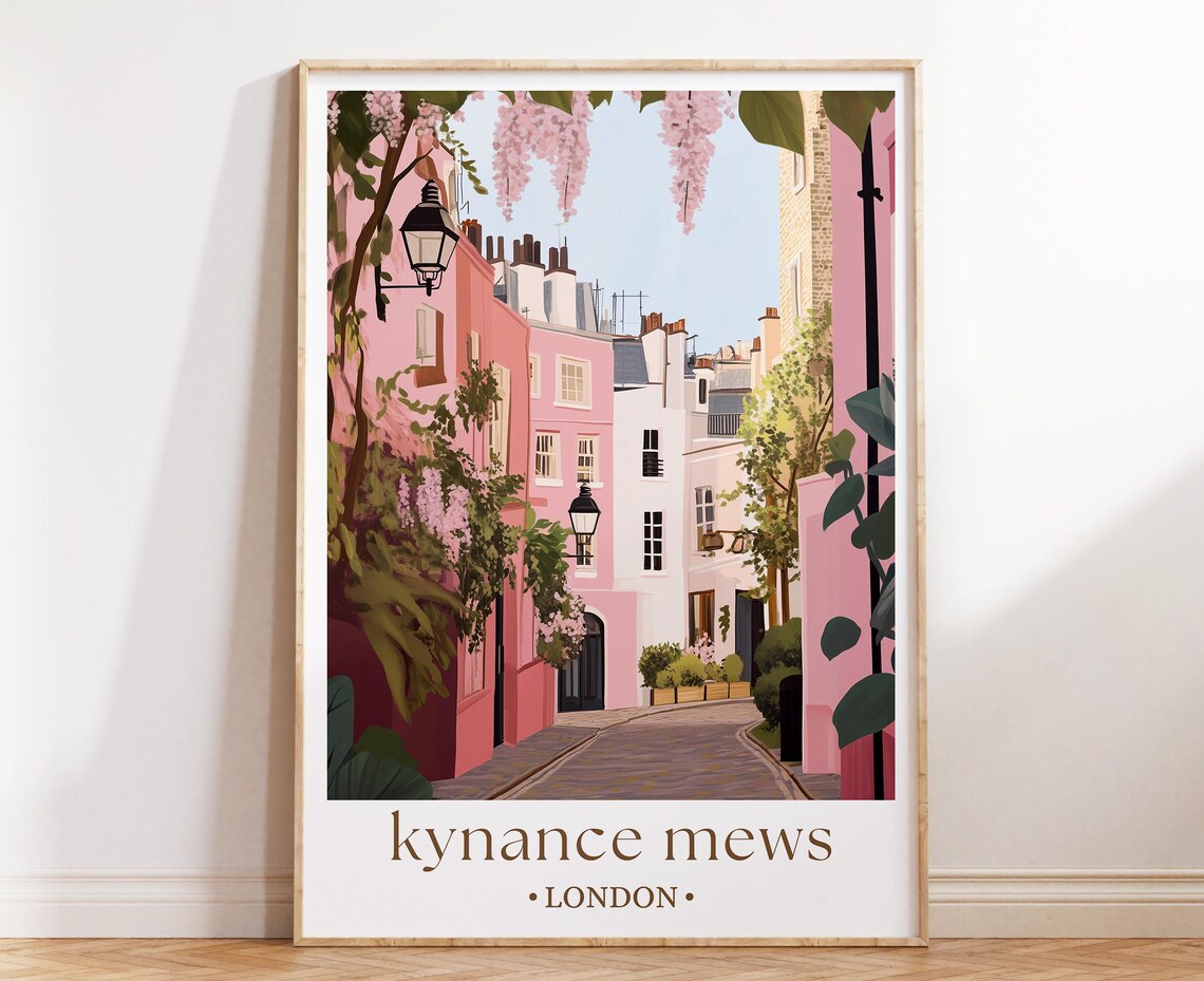 Kynance Mews London Poster Pink Mews Lane Wisteria Cobblestone Street