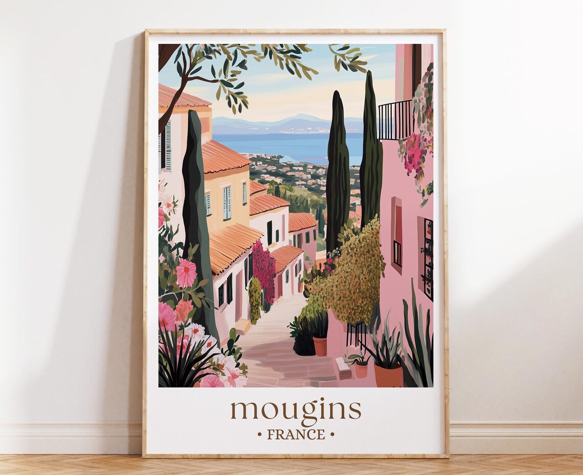 Mougins France Poster Pink Hillside Lane Cypress Sea View Village Art