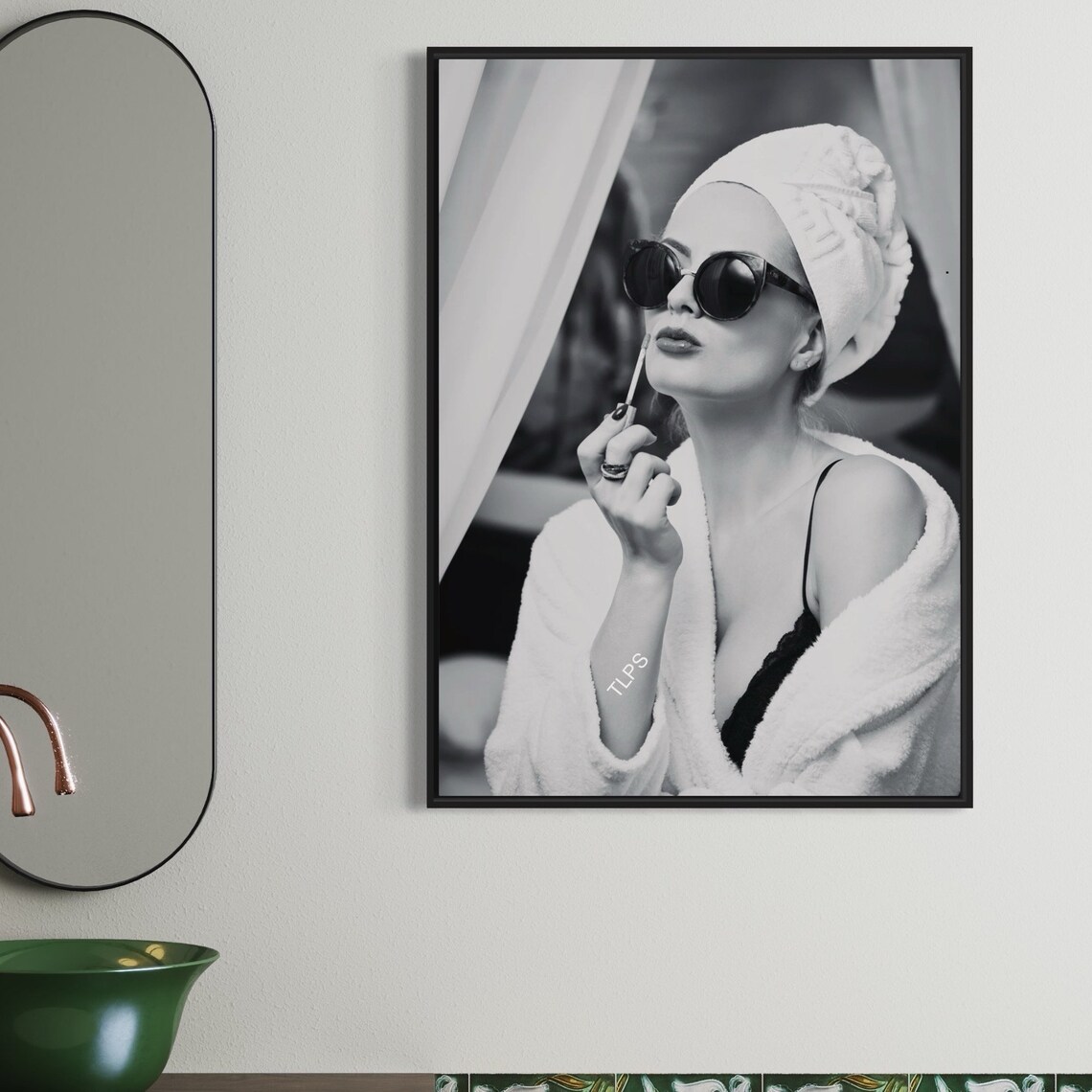 Glamorous Woman Bathrobe Sunglasses Black White Fashion Photo Poster - Image 2