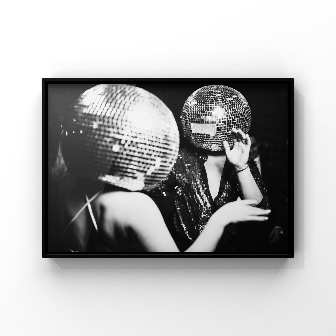 Disco Ball Head Mirror Party Dancers Black and White Photo Poster