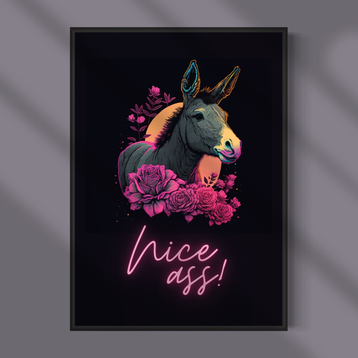 Nice Ass Donkey Neon Pink Roses Funny Bathroom Animal Poster