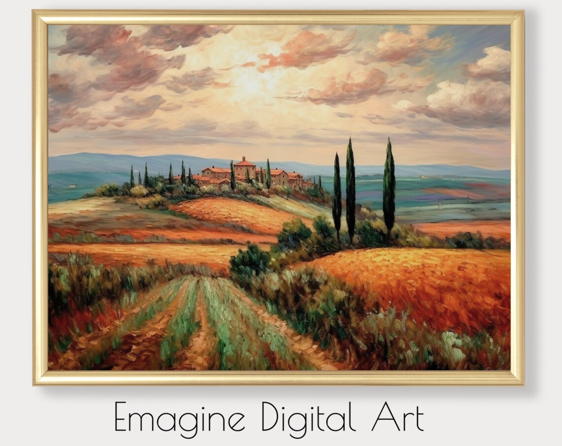 Tuscan Hilltop Village Cypress Trees Golden Sunset Landscape Poster