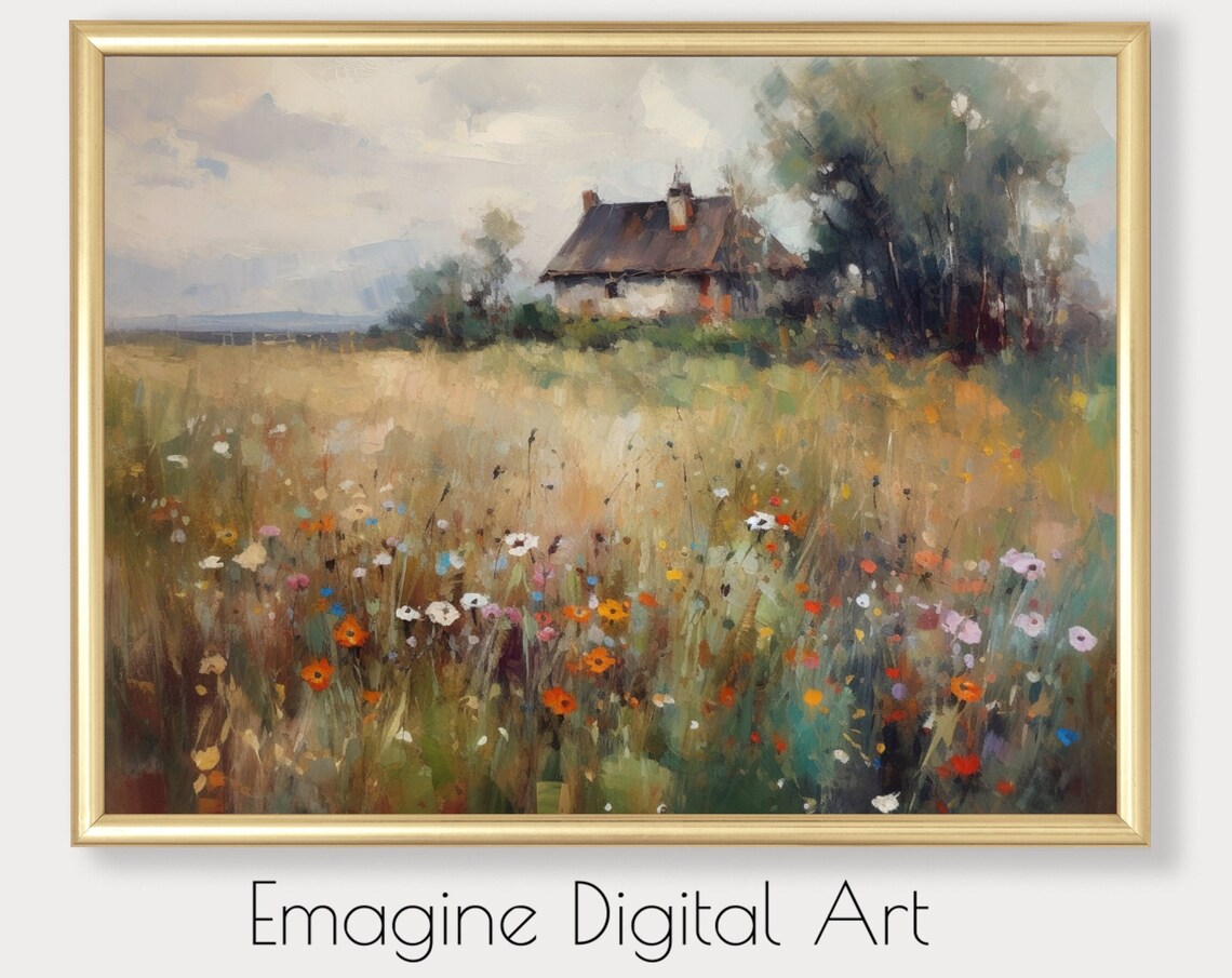 Vintage Farmhouse with Wildflowers Impressionist Country Poster