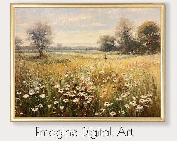 Vintage Daisy Meadow Golden Field Impressionist Landscape Wall Art