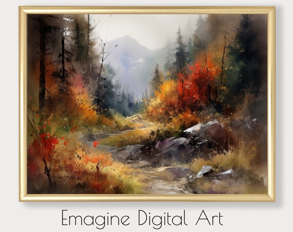 Autumn Mountain Trail Watercolor Misty Forest Wilderness Poster