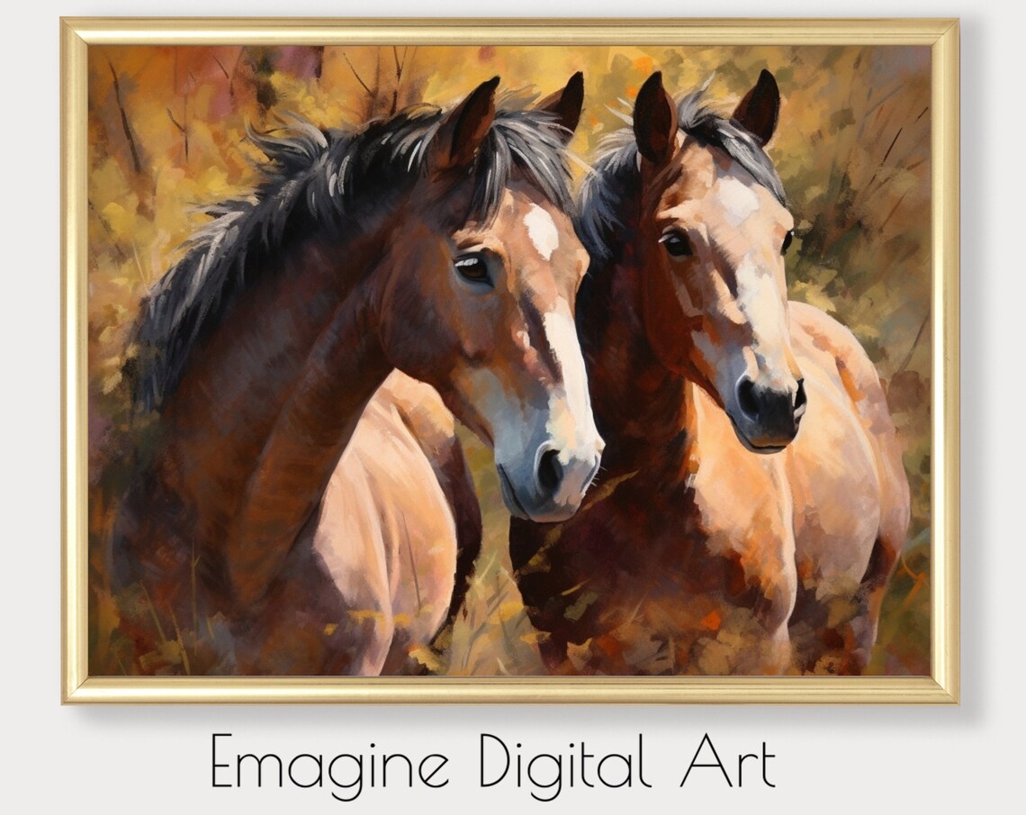 Two Horses Golden Hour Equestrian Oil Painting Portrait Wall Poster