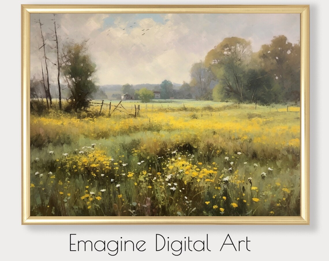 Vintage Country Meadow Wildflowers Yellow Field Farmhouse Poster