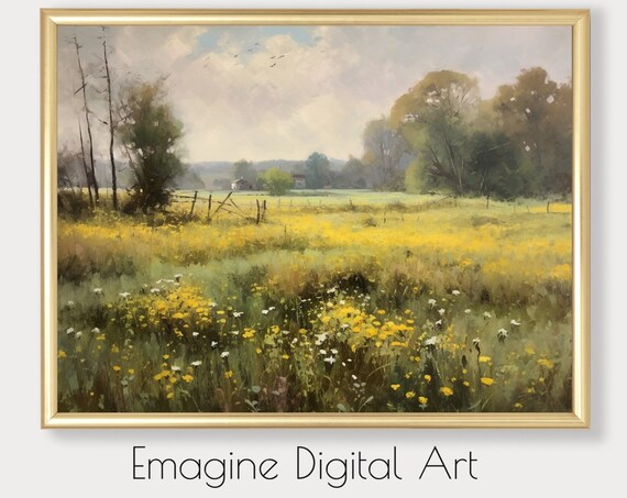 Vintage Country Meadow Wildflowers Yellow Field Farmhouse Poster