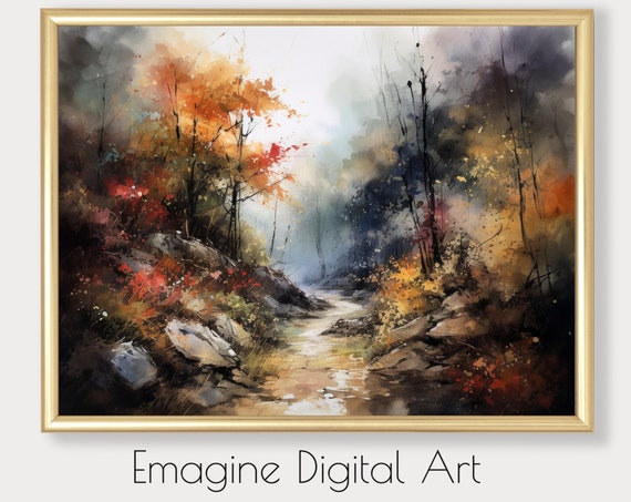 Art Abstract Autumn Forest And Stream Wilderness Nature Wall Decor To Instantly Print Frame Ls55