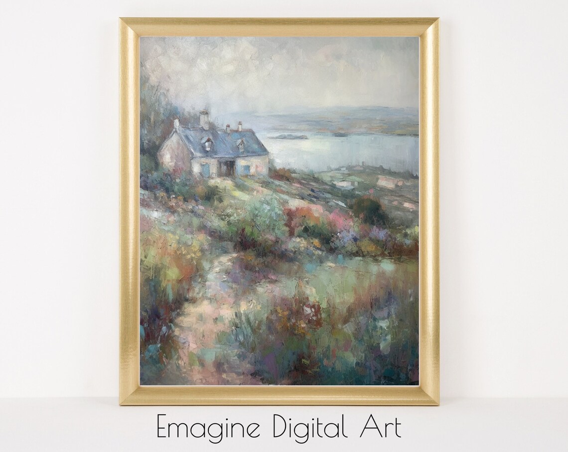 Hillside Cottage by a Serene Lake, Art Print