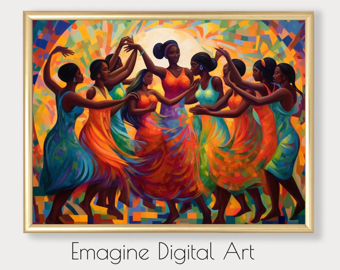 Black Women Dancing in Joyful Celebration Colorful Art Poster